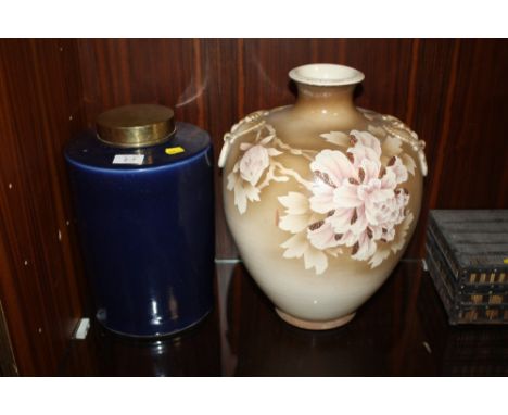 A VINTAGE CERAMIC BRASS TOPPED TEA CADDY TOGETHER WITH AN ORIENTAL STYLE HANDPAINTED VASE&nbsp;