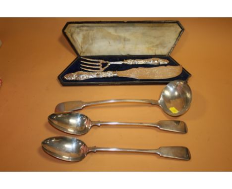 A SILVER PLATED FISH SERVERS TOGETHER WITH&nbsp; SOUP LADLE AND TWO BASTING SPOONS&nbsp;