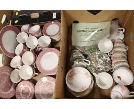 A TRAY OF RED &amp; WHITE DINNERWARE TOGETHER WITH A BOX OF OTHER TEAWARE TO INCLUDE MYOTT 