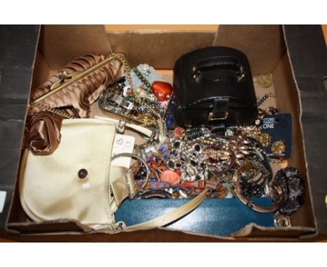 A BOX OF ASSORTED COSTUME JEWELLERY TO INCLUDE BAGS