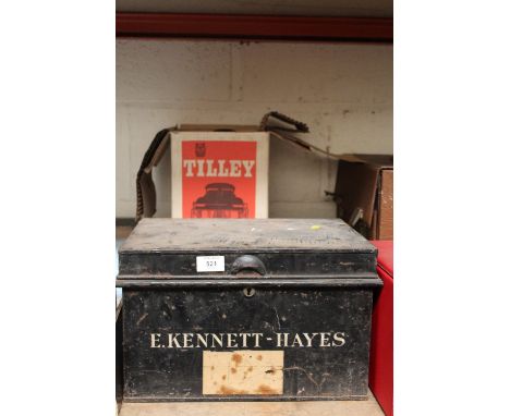 A VINTAGE TIN DEED BOX AND BOXED TILLY LAMP