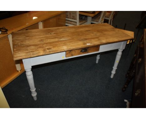 A VINTAGE PINE SIDE TABLES WITH PAINTED BASE AND SINGLE DRAWER H -78 CM L -152 CM