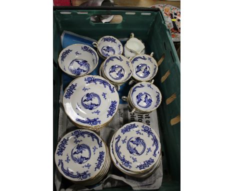 A TRAY OF BLUE AND WHITE COALPORT CUPS AND SAUCERS ETC
