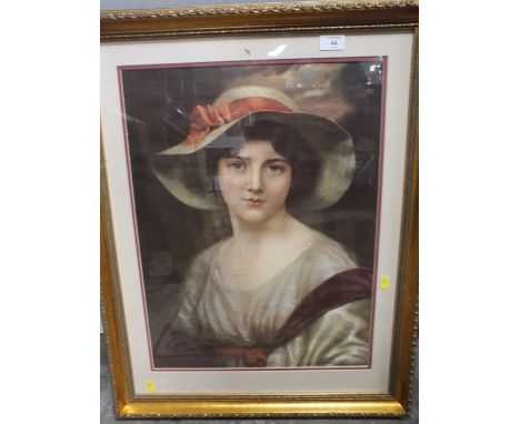 A LARGE FRAMED AND GLAZED PRINT OF FEMALE PORTRAIT STUDY 