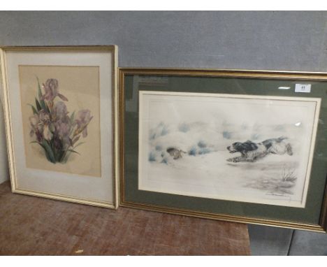LEON DANCHIN - A FRAMED AND GLAZED SIGNED PRINT OF A SPANIEL HUNTING TOGETHER WITH ANOTHER FRAMED AND GLAZED PRINT