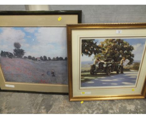 A GILT FRAMED AND GLAZED PRINT OF A CLASSIC CAR WITH FIGURES SIGNED JONAS 78/850 59CM X 64.5CM, TOGETHER WITH A MONET PRINT (