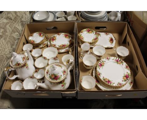 TWO TRAYS OF ROYAL ALBERT OLD COUNTRY ROSES TEAWARE TO INCLUDE A TEAPOT, COFFEE POT, CUPS AND SAUCERS ETC