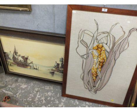 A RETRO NEEDLEWORK OF CORN TOGETHER WITH A VINTAGE PRINT