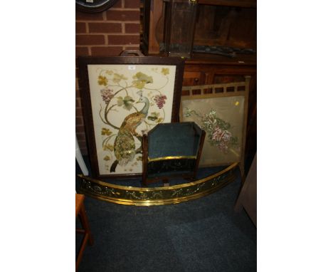 AN OAK FRAMED NEEDLEWORK FIRESCREEN, BRASS CURVED FENDER, MIRROR AND FIRESCREEN ETC