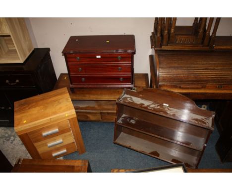 A MODERN MAHOGANY 3 DRAWER CHEST, HANGING SHELF, 3 DRAWER CHEST AND BOOKCASE TOP (4)