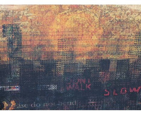 KING &amp; McGAW FRAMED AND GLAZED MODERN PRINT, GOLD BY ANDY MERCER - OVERALL 84.5 CM X 112 CM 