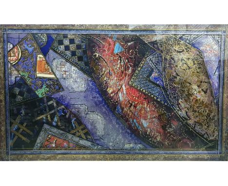 20th century colour print, abstract, in blue and gilt, unsigned, 53cm x 90cm&nbsp;