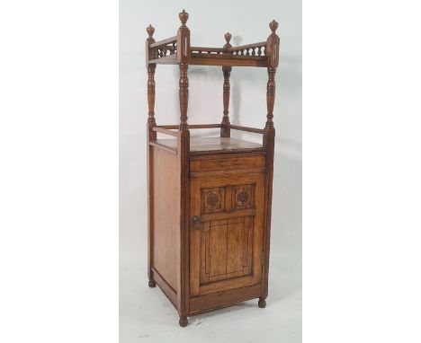 Late 19th century pot cupboard with three-quarter galleried bobbin turned top above turned and ringed supports to the underti