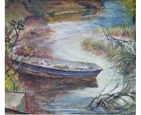 20th century school Oil on canvasRowing boat on riversideUnsigned;And a modern painted print of boats at sea (2) 