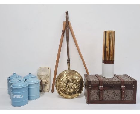 Five vintage enamel metal storage jars, a vintage metal and glass grinder and other items