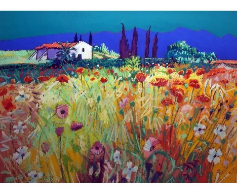 Godfrey Tonks (b. 1948)Gouache drawing"June - Penacerrada", landscape with vibrant poppy field, signed 'Tonks' lower left, Me