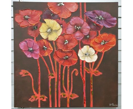 Three modern pictures to include A S Thomas (20th century school), oil on canvas, poppies, unframed, abstract print on canvas