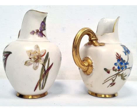 Pair late Victorian&nbsp;Royal Worcester porcelain&nbsp;ewers each with gilt handle, upright spout, shouldered and tapering f