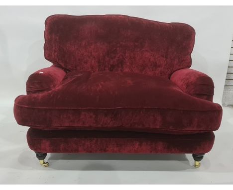 Modern lover's chair and pouffe in plum coloured upholstery Condition ReportThe dimensions to this chair are H86 x W115 x D86
