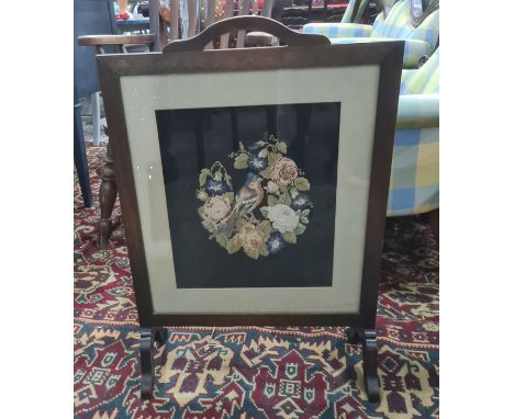 20th century oak needlework / petitpoint fire screen&nbsp;