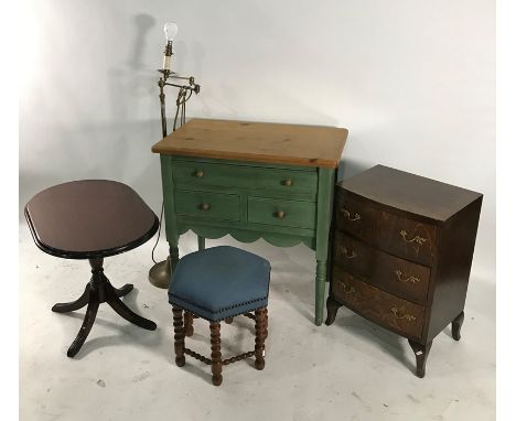 Modern pine side table with three assorted drawers, on turned supports, a mahogany coffee table, a hexagonal stool, a brass s