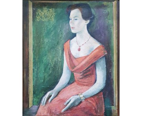 English school Oil on panel Three quarter length portrait of lady in red dress, indistinctly signed lower left, 69cm x 57cm (