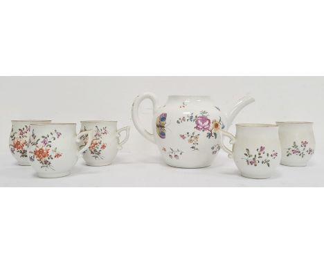 18th century English porcelain teapot, floral spray and butterfly decorated (lid missing) and a set of five bell-shaped coffe