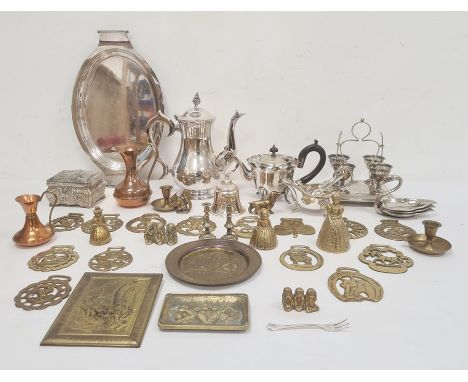 Quantity of silver-plated ware, silver-coloured metal teapot, brass graduated jugs, etc (1 box) 