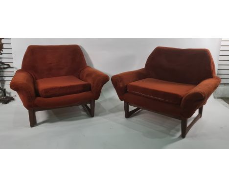 Toothill 1950's/60's Danish style teak framed sofa and two chairs in burnt orange upholstered seats and backs Condition Repor