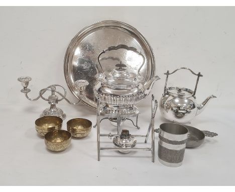 Quantity of plated ware to include circular tray, teapot, candlesticks, etc (1 box) 
