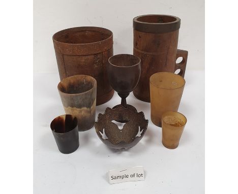 Assorted items to include a Victorian wooden half-gallon measure with metal mounts, a wooden quart measure, two large seedpod