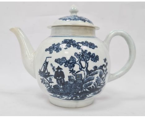 18th century Liverpool porcelain teapot and cover, globular, printed in underglaze blue with chinoiserie scenes of boat and f
