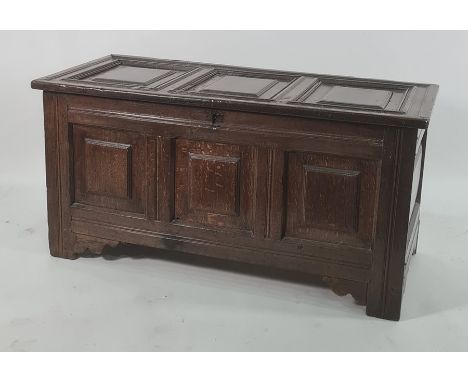 Possibly 18th century oak coffer, shaped panels to the front and square panels to the front, raised on bracket feet, 120 x 61