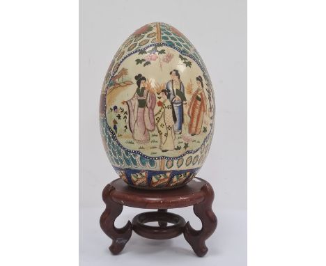 Japanese ceramic egg-pattern centrepiece, ovoid and decorated with panels of figures on a brocade ground, 28cm high with hard