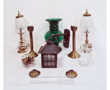 Green glass large vase with bulbous body, metal lantern-style light, pair brass table lamps and various oil lamp fittings 