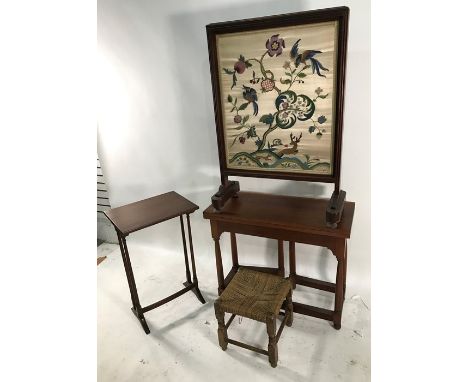 19th century silkwork and mahogany-framed firescreen, a string-topped stool, a side table and a coffee table (4) 