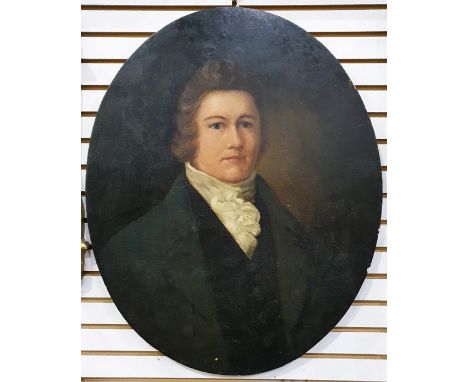 19th century schoolOil on boardHead and shoulders portrait of a young gentleman Oval panel Unframedwith painting to reverse H