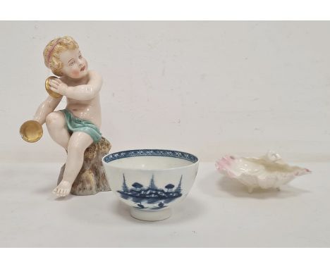 Royal Worcester figure of putto type figure seated on rock with pair cymbals, small porcelain shell dish and an 18th century 