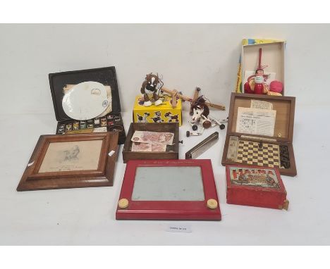 Two Pelham puppets of a dog and a horse, one boxed, various other toys and games, a late 19th/early 20th century artist's met