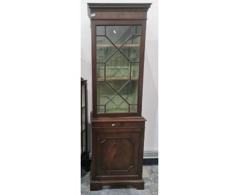 Narrow 19th century mahogany display cabinet, the moulded cornice above single astragal glazed door enclosing adjustable shel