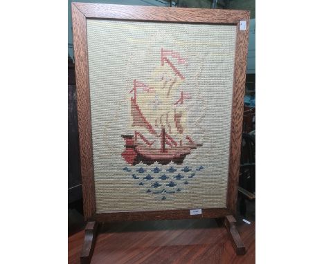 20th century oak-framed needlework firescreen