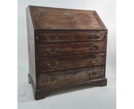 19th century oak bureau on four long drawers, bracket feet, 93.5cm x 103cm