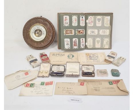 Aneroid barometer in circular oak case, pair 9ct mounted simulated pearl earrings, sundry stick pins, a quantity of cigarette