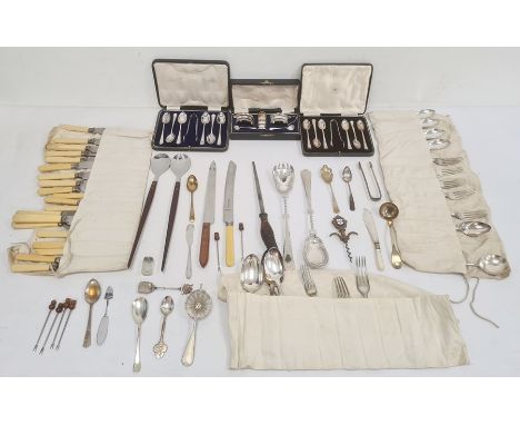 Silver-plated cased cruet set, cased teaspoons and sugar tongs, other cased silver-plated items, quantity of flatware, etc (1