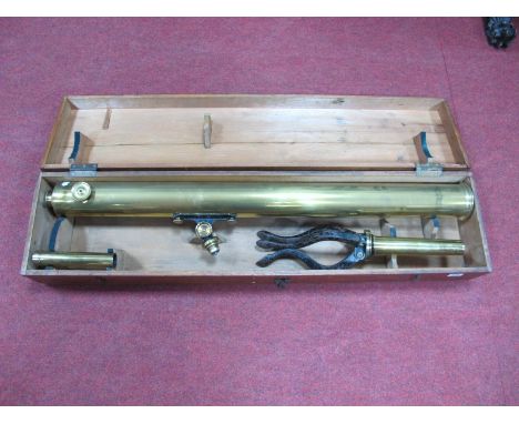 A Circa 1900 Brass Refracting Telescope, stamped "J.H. Steward, London", mounted on a folding cast metal tripod base, mahogan