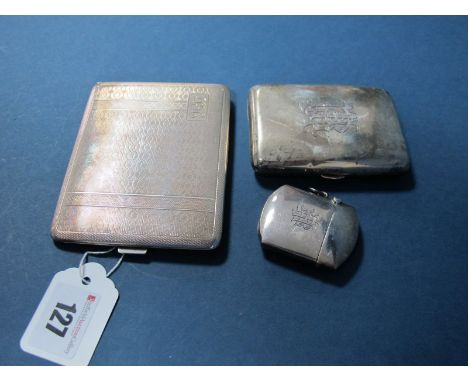 A Hallmarked Silver Cigarette Case, JM, Birmingham 1928, of slim rectangular form, allover engine turned; Together with Anoth