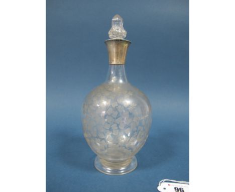 A Hallmarked Silver Mounted Etched Glass Decanter, CB, London, all over leaf decorated, with shaped stopper.