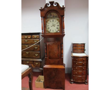 A Mid XIX Century Mahogany Longcase Clock, the arched white dial signed "Shearing Sheffield", painted with scenes, with Roman