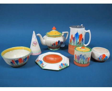 A Collection of 1930's Clarice Cliff Bizarre Pottery, painted with the Crocus pattern, comprising a teapot, cover and stand, 