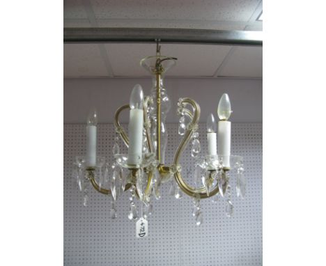 A Mid XX Century Spanish Glass Ceiling Light, having five scroll branches and pear shaped lustre drops to floret mounts.